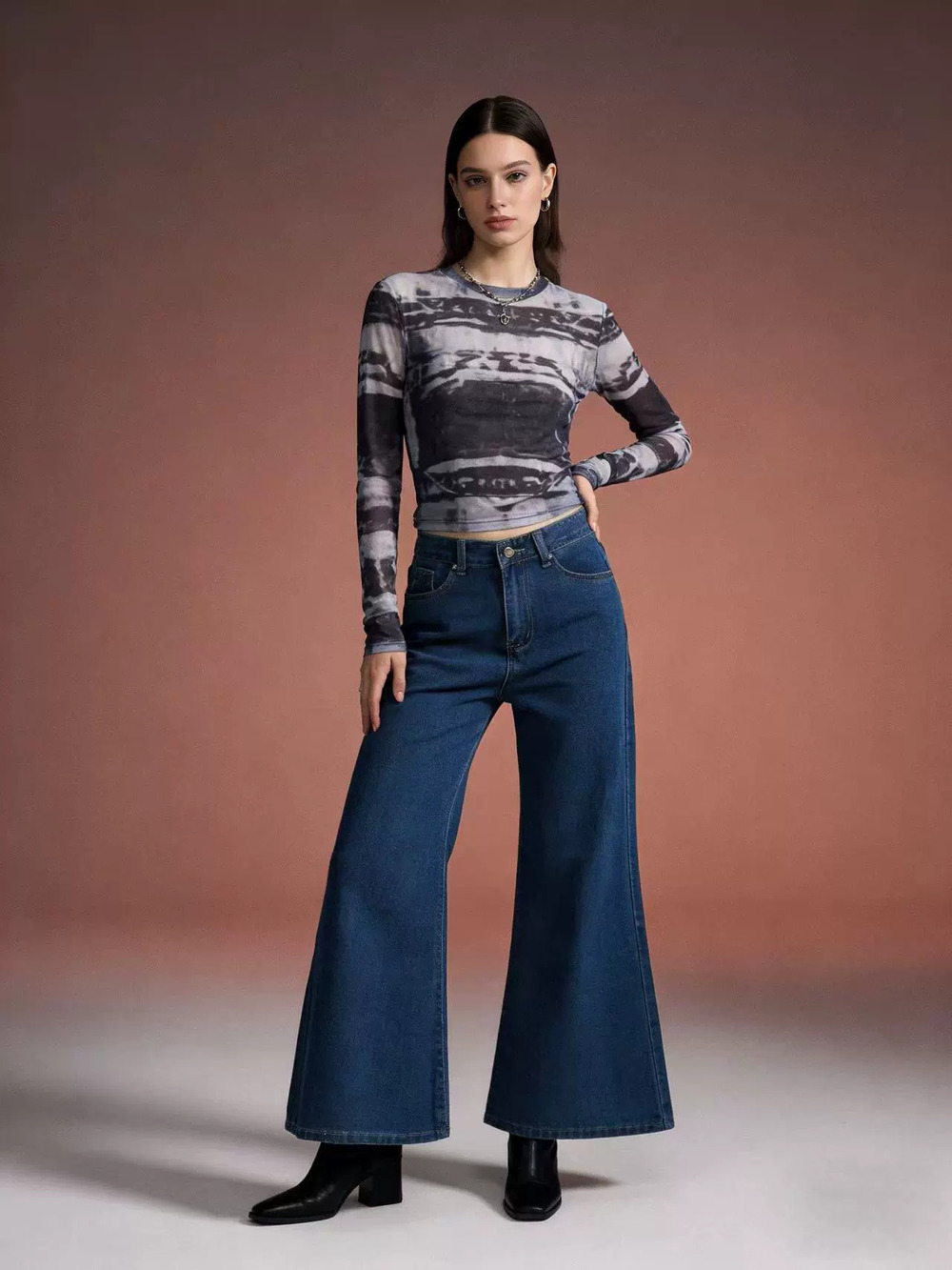 ZARA High Waist Washed Flared Wide Leg Vintage Floor Length Denim Pants